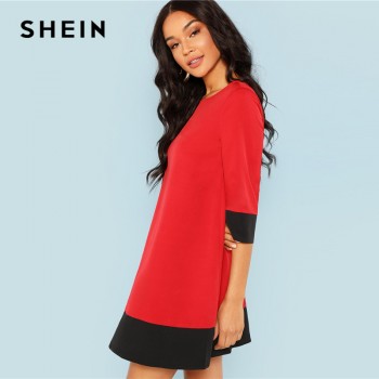 SHEIN Red Contrast Trim Tunic Dress Workwear Colorblock 3/4 Sleeve Short 